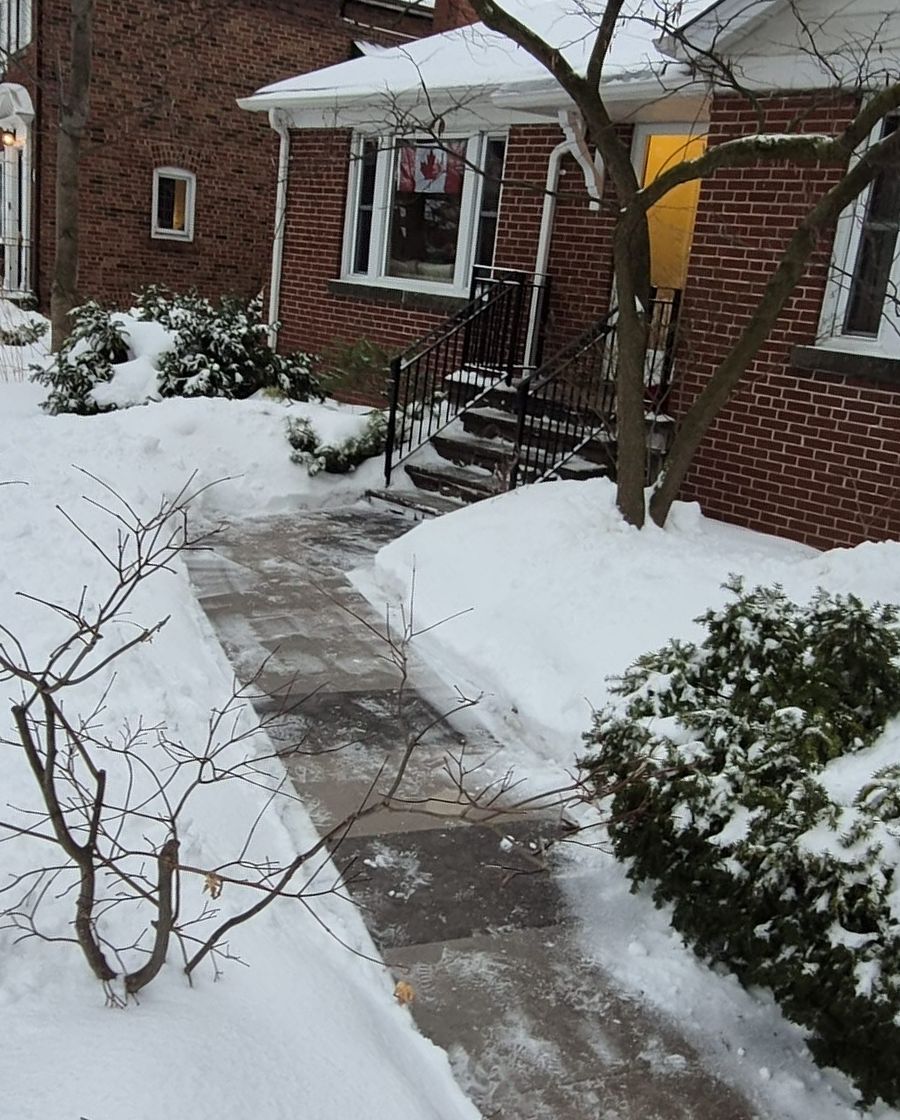 Freshly shovelled front walkway leading to a house door